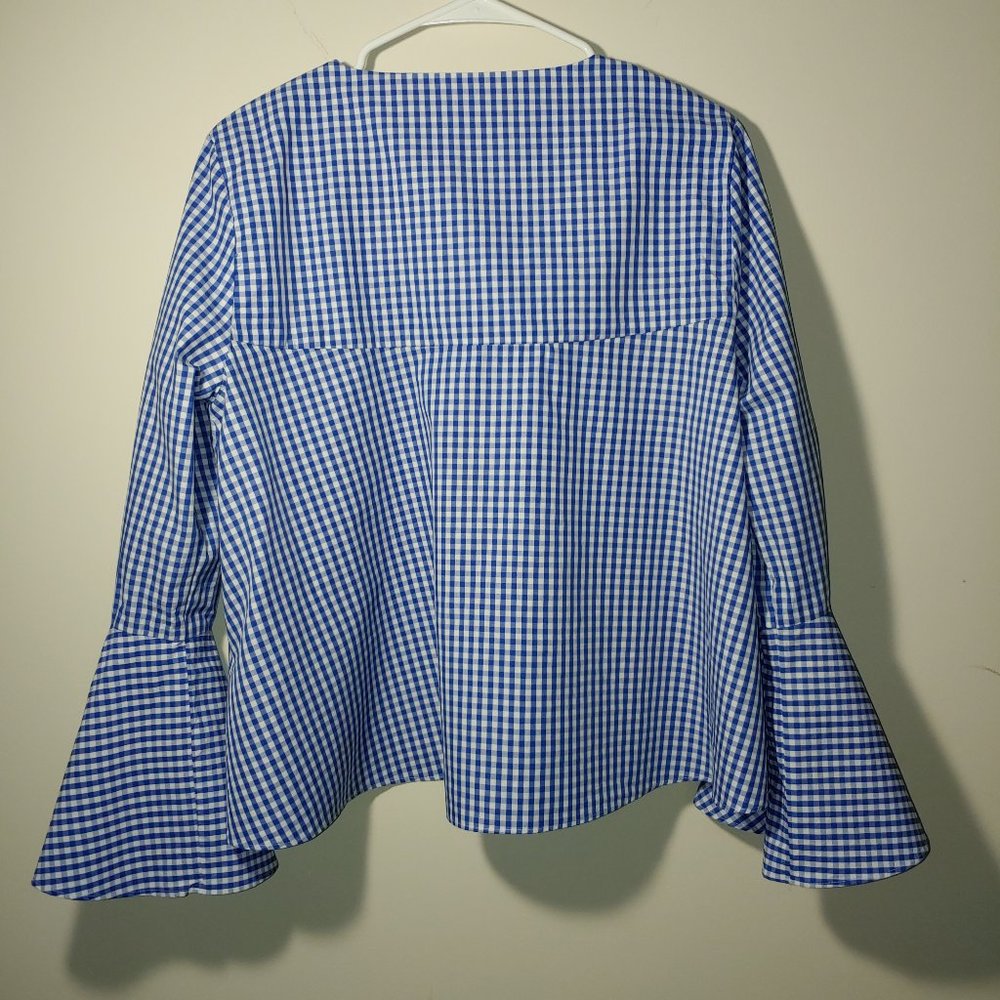 Zara Women Gingham Bell Sleeve Blouse Size Large Blue - Picture 3 of 4